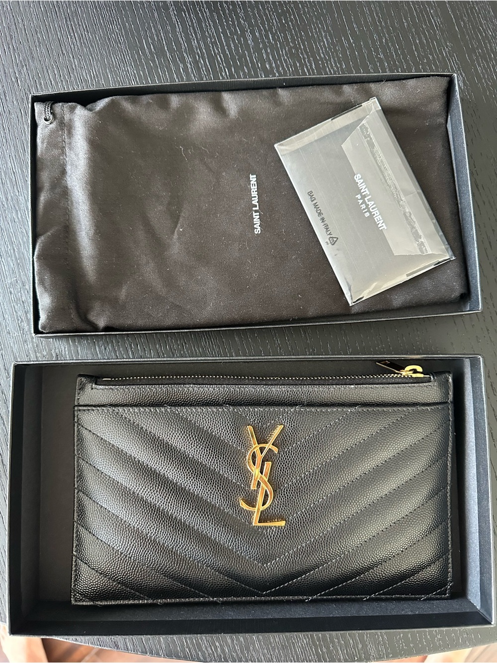 Saint Laurent Black Quilted Leather Zip Card Holder with Gold YSL Logo